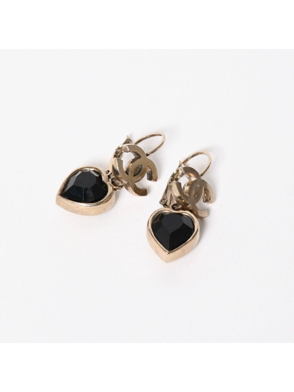 Chanel Earrings CC Logo Heart Black Silver 06